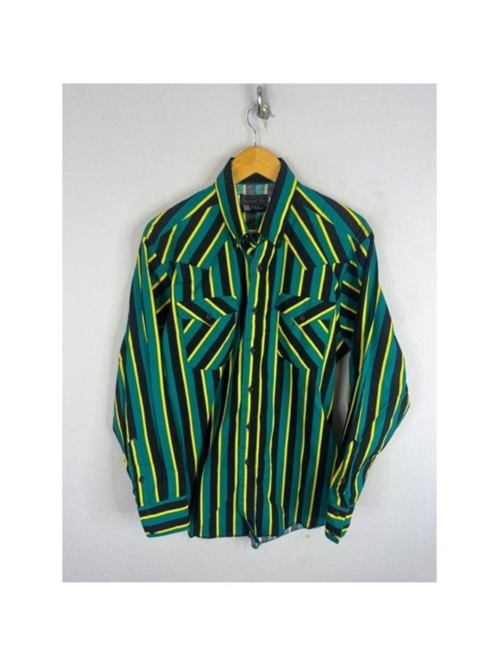 Panhandle Slim Mens Vintage Western Stripe Shirt Green Yellow Black L 16.5 USA